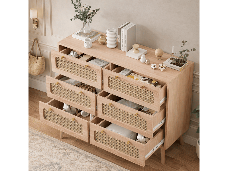 Commode 6 tiroirs, meuble de rangement en rotin, armoire buffet avec antichute et pieds surélevés, chiffonnier bois pour chambre, salon, 100x34x73 cm - Conforama E