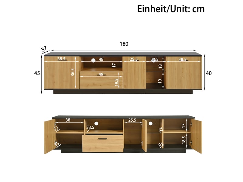  Meuble tv noir et effet bois naturel, 3 portes, 1 tiroir, 2 niches vitrées, led 16 couleurs  - Conforama C