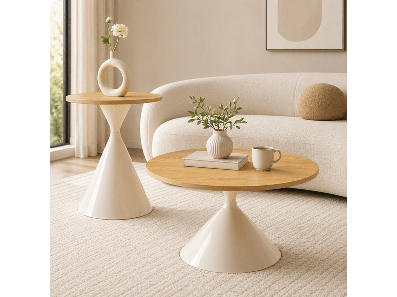  Lot de 2 tables basses rondes, effet bois, pied acier carbone crème, ø70×40 &amp; ø50×50 cm  - Conforama D