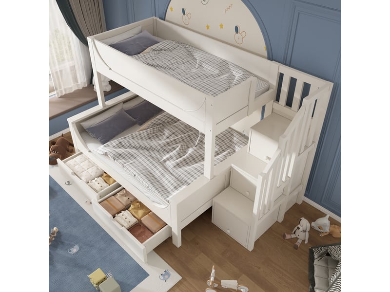 Lit superposé enfant 90140x200 cm- lit 3 places - design traîneau - armoire-échelle - grands tiroirs - garde-corps - blanc - Conforama B