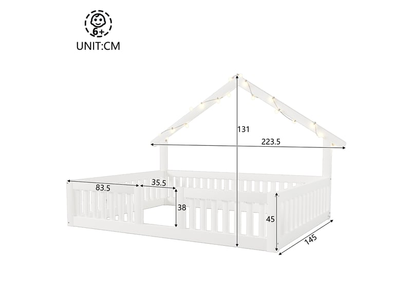  Lit enfant 140 × 200 cm avec barrières de sécurité, guirlande lumineuse, structure maison blanche pour chambre  - Conforama C