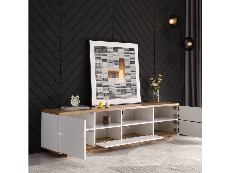  Meuble tv 180 cm blanc et décor bois en mdf, 5 portes et 2 niches ouvertes  - Conforama B