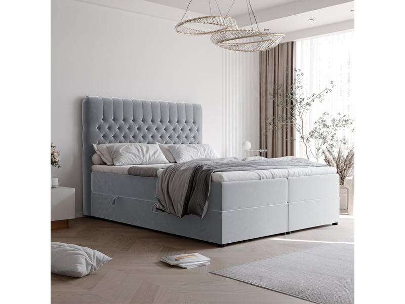 Lit adulte alba - 180x200 cm - matelas ressorts + surmatelas - coffre de rangement - velours doux hydrofuge gris ALBA - Conforama B