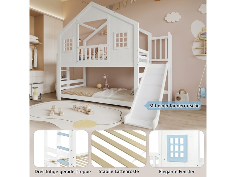 Lit superposé enfant 90x200 cm - lit cabane avec toit et fenêtres, toboggan et échelle en bois blanc, sans matelas  - Conforama E