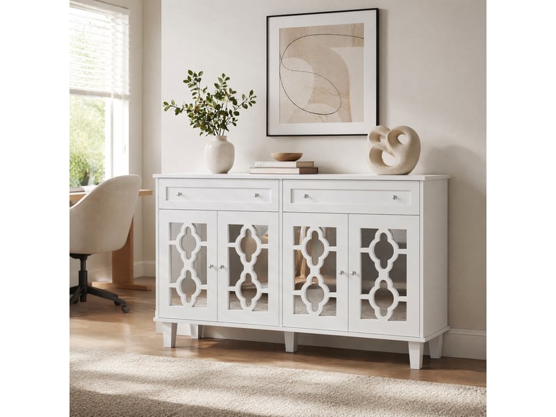  Buffet blanc à 4 portes miroir, 2 tiroirs et étagère réglable  - Conforama C