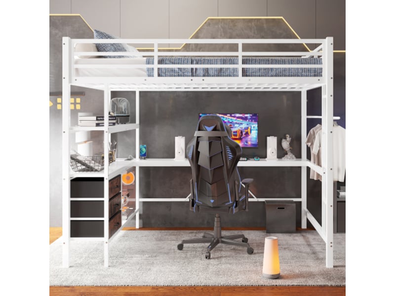  Lit mezzanine 140x200 cm coloris blanc led métal lit enfant blanc - Conforama D