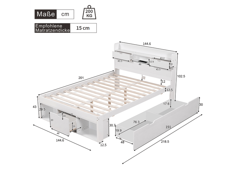  Lit double, 140 x 200 cm, avec port usb, tiroirs et armoire de rangement, lit enfant, lit ado, lit multifonctionnel, grand espace de rangement, sans matelas, blanc  - Conforama C