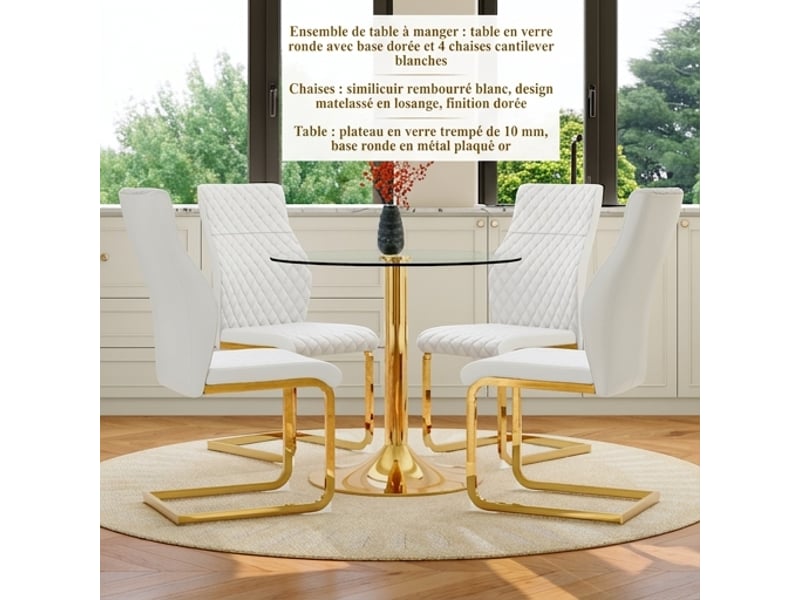  Ensemble table ronde ø85 cm et 4 chaises, verre trempé et assises blanches en pu  - Conforama B