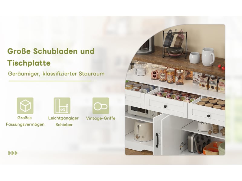  Buffet rustique blanc et marron 140x95cm, meuble de rangement cuisine avec 3 tiroirs et 2 portes, style campagne moderne  - Conforama E