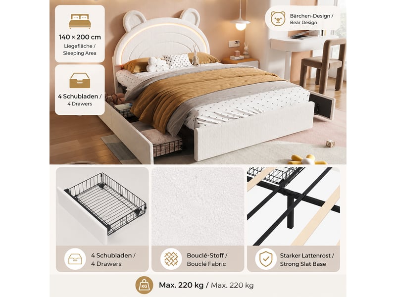  Lit enfant rembourré 140 x 200 cm, tête de lit motif ours, 4 tiroirs latéraux et led connectée, beige ABC - Conforama D