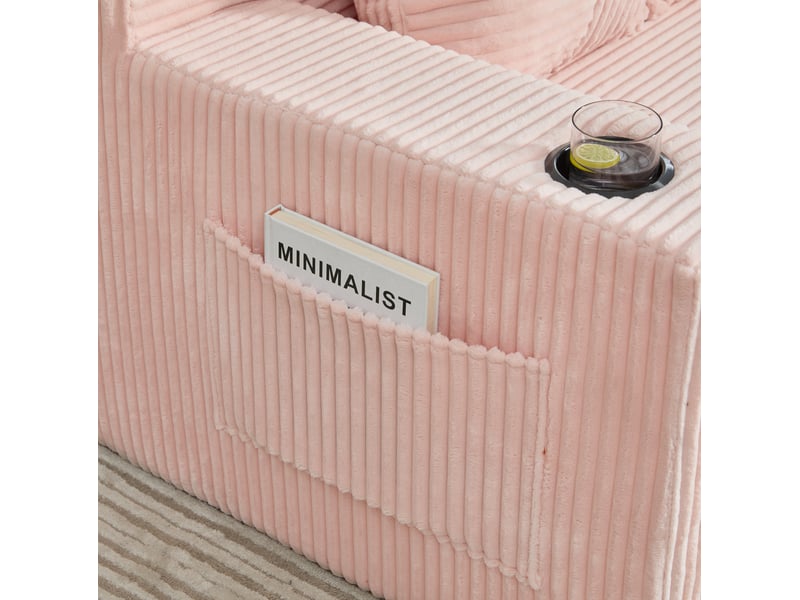  Canapé-lit 2 places 151x133x64 cm convertible, poches latérales, porte-gobelet, velours côtelé rose sans matelas  - Conforama E