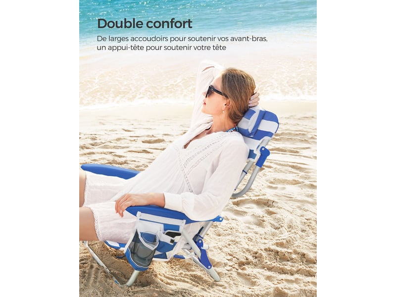  Chaise de plage pliante aluminium avec oreiller pliable inclinable portable comme sac à dos chaise d’extérieur rayure bleue et blanche 12_0004890  - Conforama C