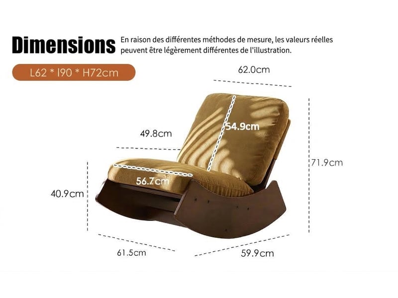  Fauteuil à bascule jaune en velours côtelé avec structure en bois massif  - Conforama E