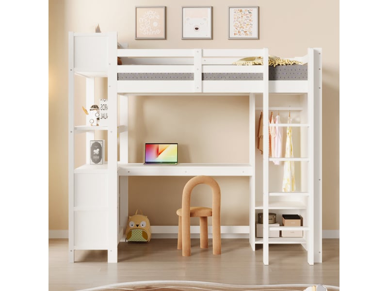  Lit mezzanine,90 x 200 cm,avec étagères, multiples compartiments de rangement, bureau et armoire, blanc  - Conforama D