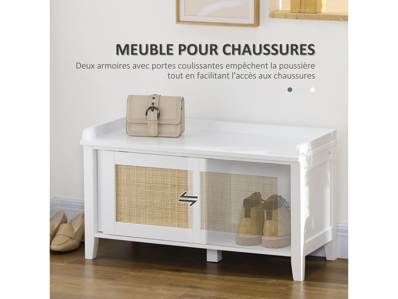  Banc à chaussures meuble de rangement avec porte coulissante et façades rotin tissé blanc 80 x 35 x 45 cm  - Conforama E