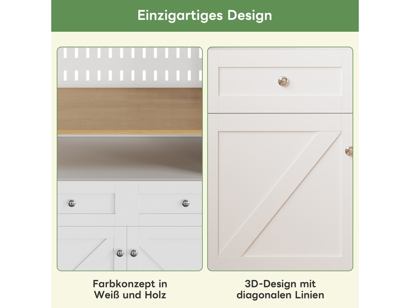 Buffet cuisine blanc et bois naturel, meuble vaisselier avec 2 tiroirs et 4 portes, design style grange pour salle à manger - Conforama D