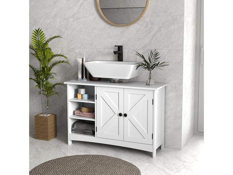  Meuble sous-évier autoportant à 2 portes et étagères anti-basculement réglables, style moderne, 90 x 30 x 60 cm, blanc  - Conforama D