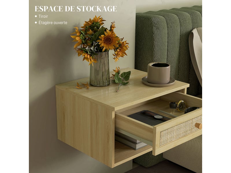  Lot de 2 tables de chevet murales tiroir coulissant, plateau - en bois dim. 40l x 34l x 23h cm, niche  - Conforama R