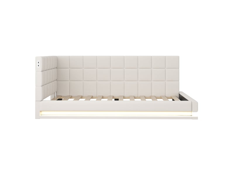  Lit banquette 90x200 cm en tissu beige, led, usb, sommier à lattes, design multifonction  - Conforama A