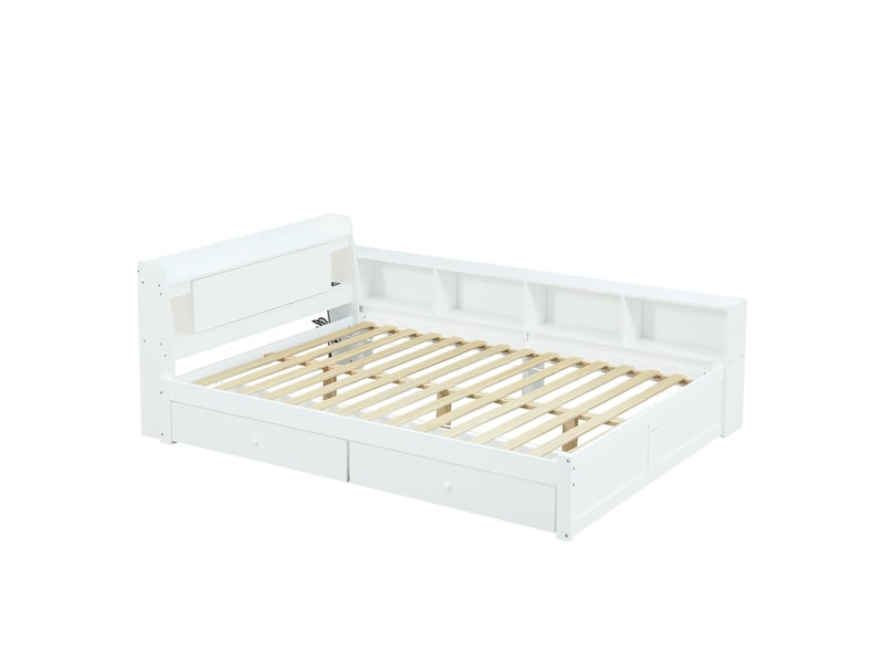  Lit double, lit à panneaux, tête de lit avec compartiment de rangement et 2 lampes, prise de recharge, placards et tiroirs latéraux, pin, panneaux de particules et mdf, blanc, 140 x 200 cm  - Conforama D