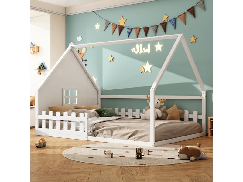  Lit cabane enfant 140 × 200 cm 2 places avec barrières de sécurité, sans matelas, en pin et mdf, blanc  - Conforama B