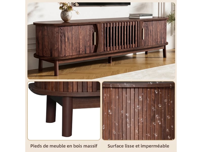  Meuble tv marron 165 cm avec portes coulissantes, meuble tv pour écran 65 pouces, style rétro scandinave en mdf  - Conforama W