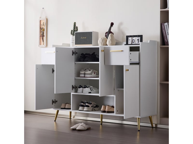Meuble à chaussures 2 tiroirs et 4 portes, design moderne avec pieds métal, blanc - 130x37x100 cm - Conforama E