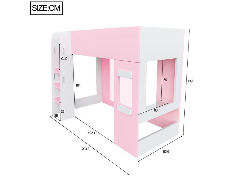  Lit mezzanine 90 × 200 cm 1 place avec bureau, éclairage led et échelle sécurisée, sans matelas, rose  - Conforama D