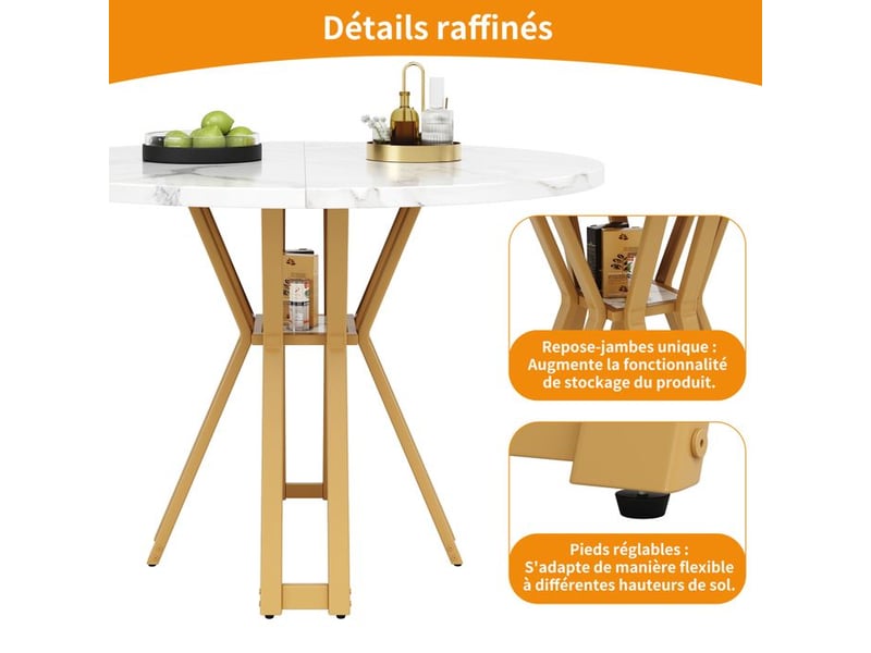  Table à manger ronde - truxen8 - pieds dorés - plateau marbré mdf 100x100x76cm - Conforama D