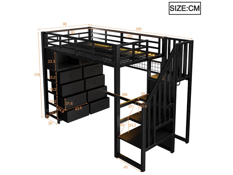  Lit mezzanine enfant 90 × 200 cm 1 place avec 8 tiroirs, led réglable et étagères, sans matelas, noir  - Conforama D