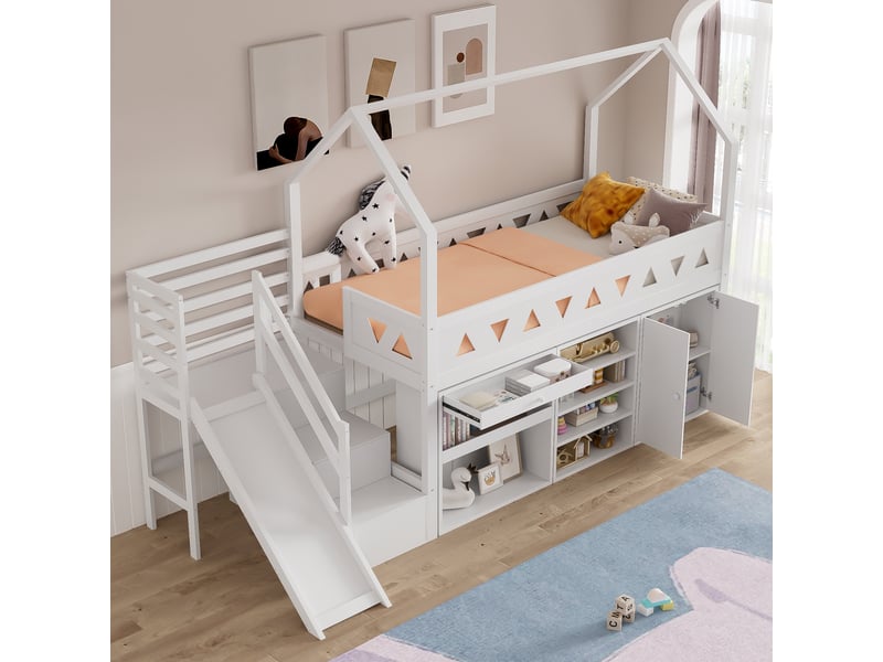 Lit enfant avec toboggan 90x200 bois massif blanc multifonction avec rangements  - Conforama R