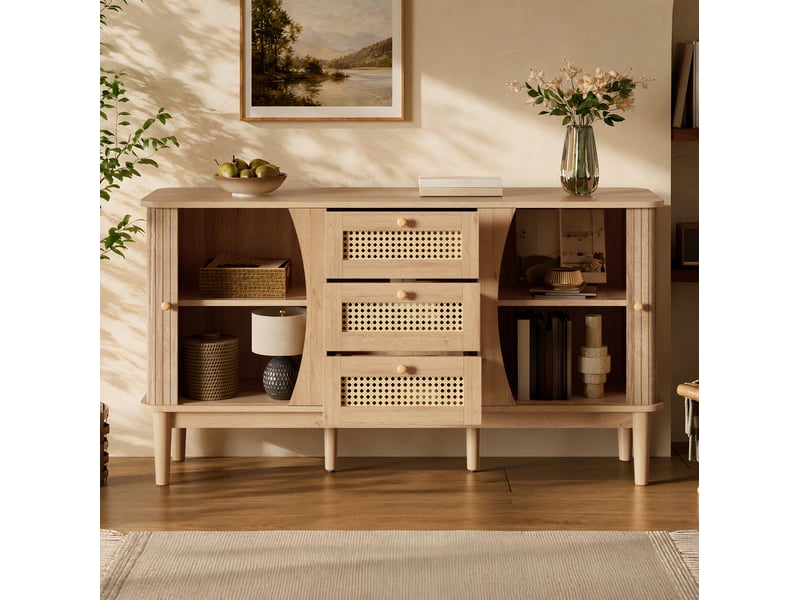 Buffet 141x40x77 cm à portes coulissantes et tiroirs en rotin, mdf coloris naturel - Conforama B