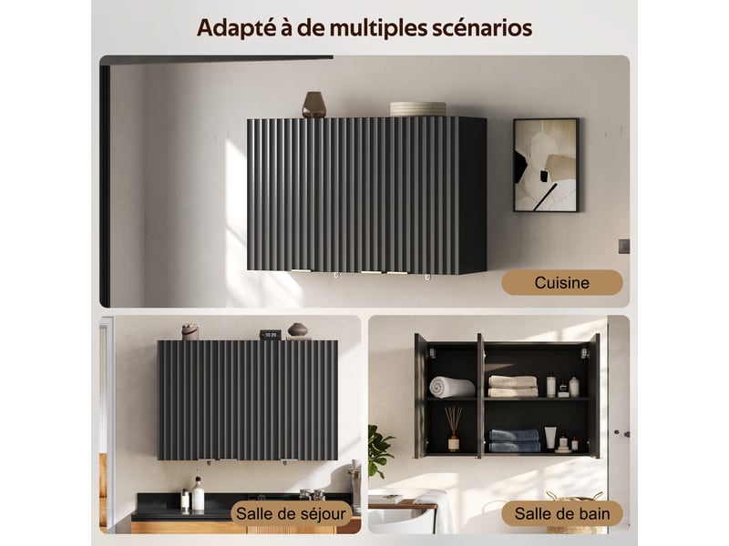  Armoire murale avec 3 portes, rangement fermé à fixation murale pour cuisine et salle de bain, en mdf noir, 90×29×60 cm  - Conforama E