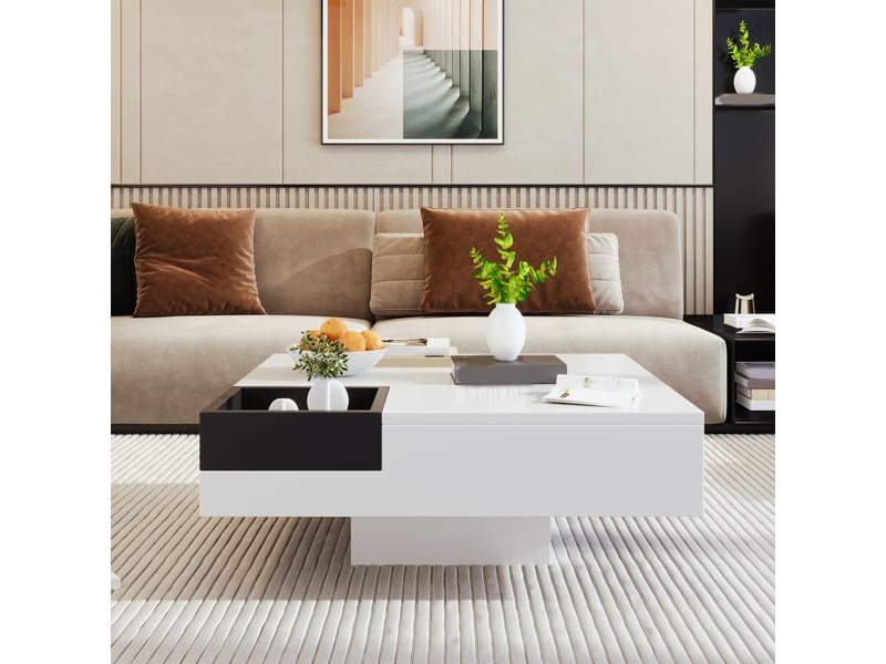  Table basse avec boîte amovible et led pour salon en panneaux de particules 72×72×30 cm blanc noir  - Conforama B
