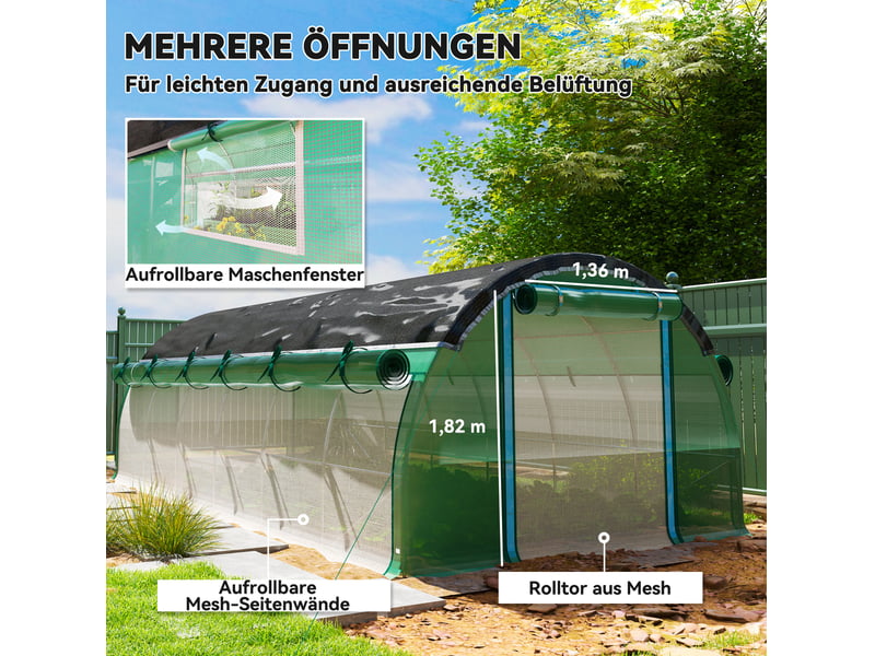  Serre tunnel de jardin 6 x 3 x 2 m en plastique vert, 12 fenêtres, porte enroulable et ancrages au sol  - Conforama D