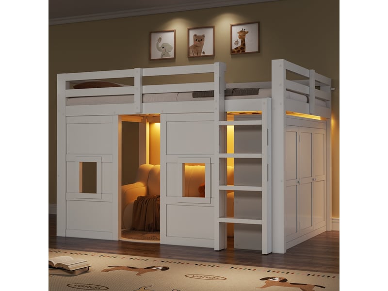  Lit mezzanine en bois, 140 x 200 cm, avec armoire intégrée, 2 fenêtres et éclairage led, blanc N879P000209K-1 - Conforama D