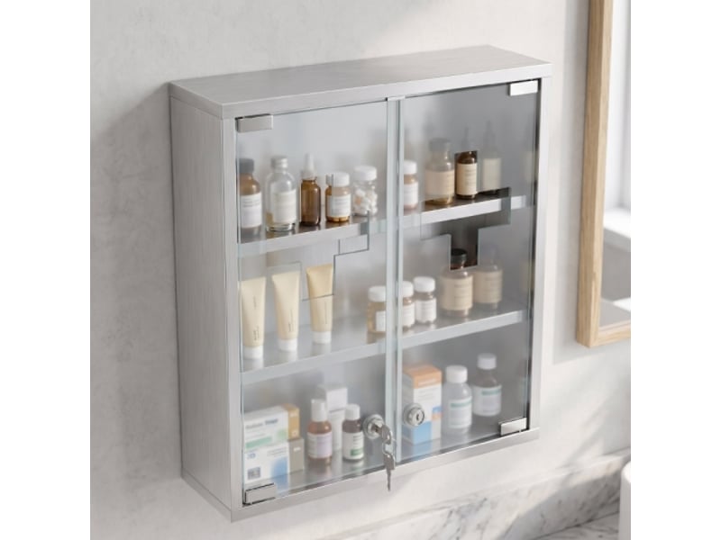  Armoire à pharmacie verrouillable argentée, 48 x 46 x 12 cm, porte vitrée, 6 étagères et 2 clés  - Conforama B