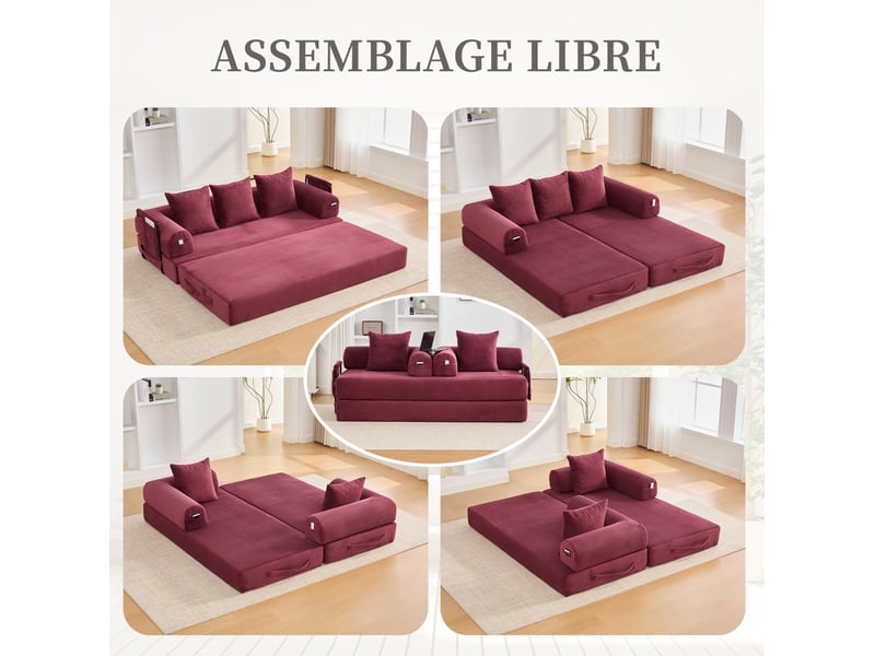 Canapé modulaire 3 places 200x94x67 cm – rouge vin – structure métal, 3 coussins et poche latérale - Conforama E