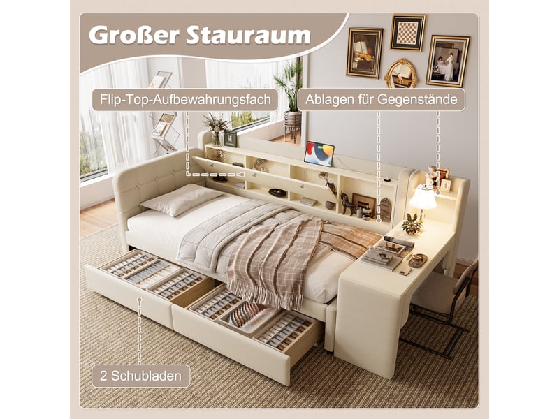  Lit de jour 90x200 canapé lit avec tiroirs et bureau intégré - lin beige, ports usbtype-c  - Conforama D