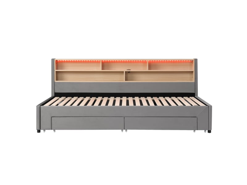  Canapé-lit 90 x 200 cm, extensible jusqu'à 180 cm, équipé de 2 tiroirs, avec prise usb et éclairage led, en velours, gris  - Conforama R