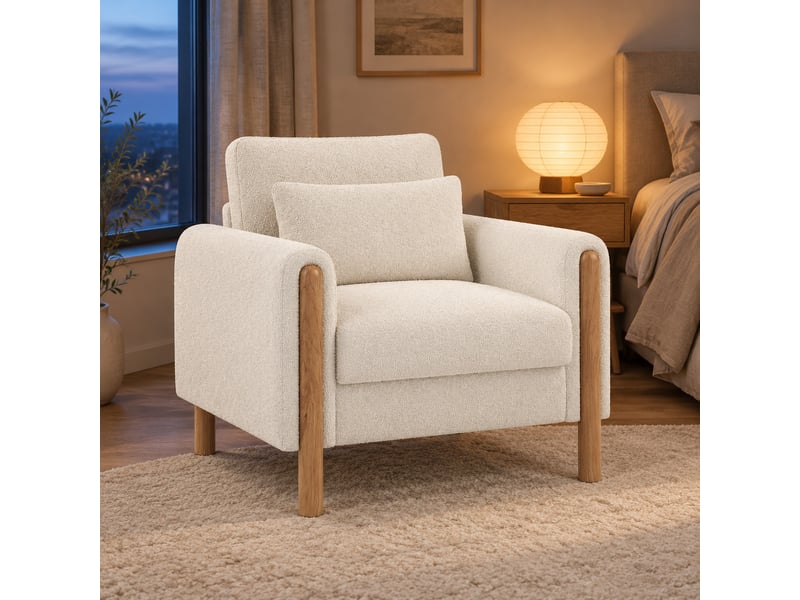 Fauteuil 1 place avec coussin amovible en tissu bouclette blanc - Conforama C