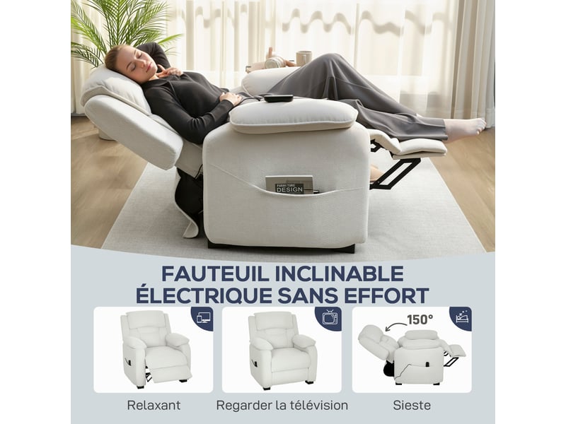  Fauteuil relax électrique fauteuil inclinable port usb repose-pieds poches latérales télécommande 86x90x103cm beige  - Conforama D