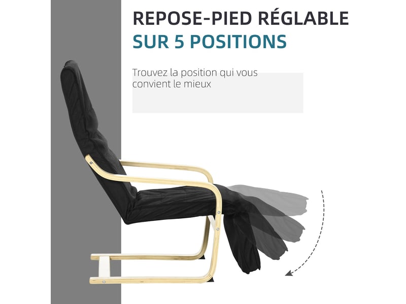  Fauteuil relax avec repose-pied réglable en bois massif noir 94x66,5x100 cm  - Conforama D