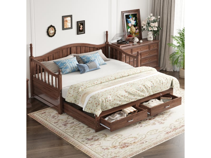  Lit gigogne 90x190 cm, lit enfant avec dossier, accoudoirs, tiroirs et sommier à lattes, en bois, couleur noyer, sans matelas  - Conforama B