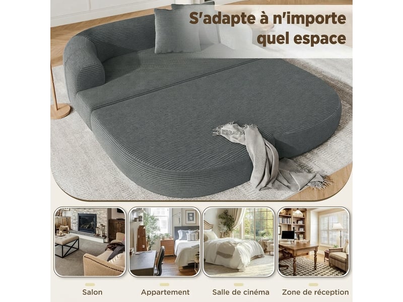  Canapé 2 places velours côtelé gris foncé, canapé de sol pliable avec porte-gobelet, 184x176x47cm  - Conforama C