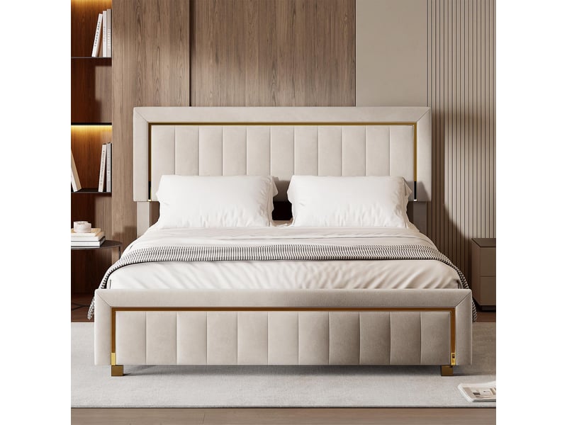  Lit coffre 180x200cm - lit double 180x200 - avec tête en velours, bordures dorées, style moderne chic - blanc crème  - Conforama C