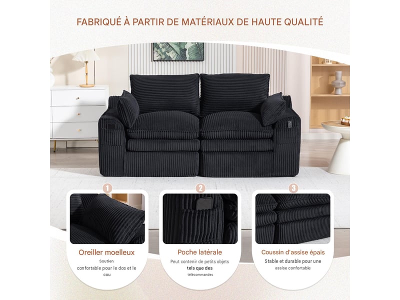  Canapé modulable 2 places en velours côtelé noir 191 x 94 x 85 cm W2845S00365 - Conforama D