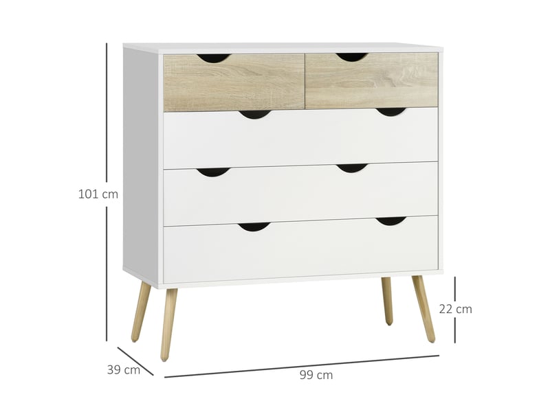  Commode à 5 tiroirs, design scandinave, meuble de chambre, panneaux de particules, 99 x 39 x 101 cm, blanc aspect chêne clair  - Conforama E