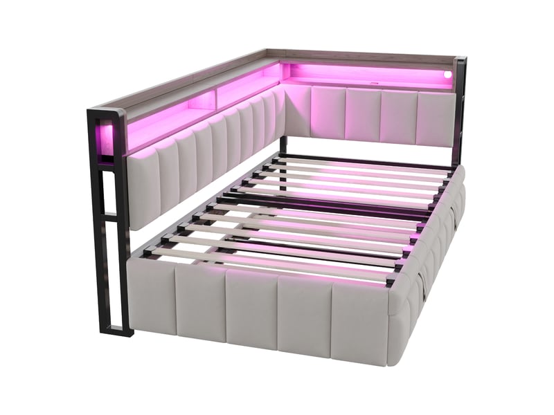 Canapé-lit 90 x 200 cm – avec lit gigogne – avec éclairage led – avec ports usb et type-c – gris clair (matelas non inclus) - Conforama W