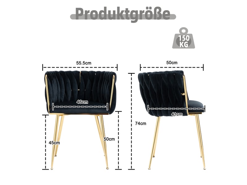  Lot de 2 chaises de salle à manger 55,5x41x74cm, dossier arrondi, design tressé, pour salon, pieds en métal, velours noir  - Conforama C